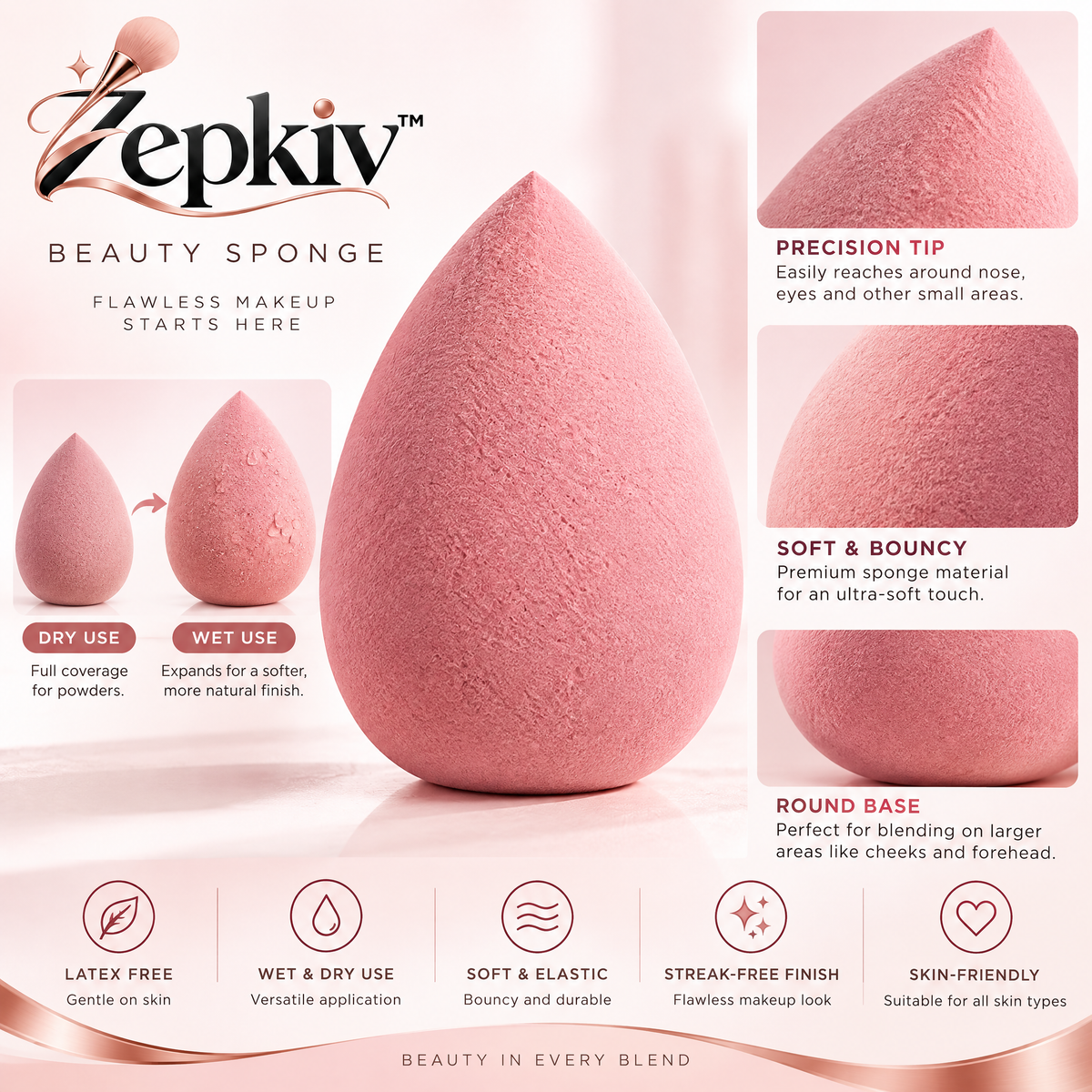Pink Teardrop Makeup Blending Sponge — features