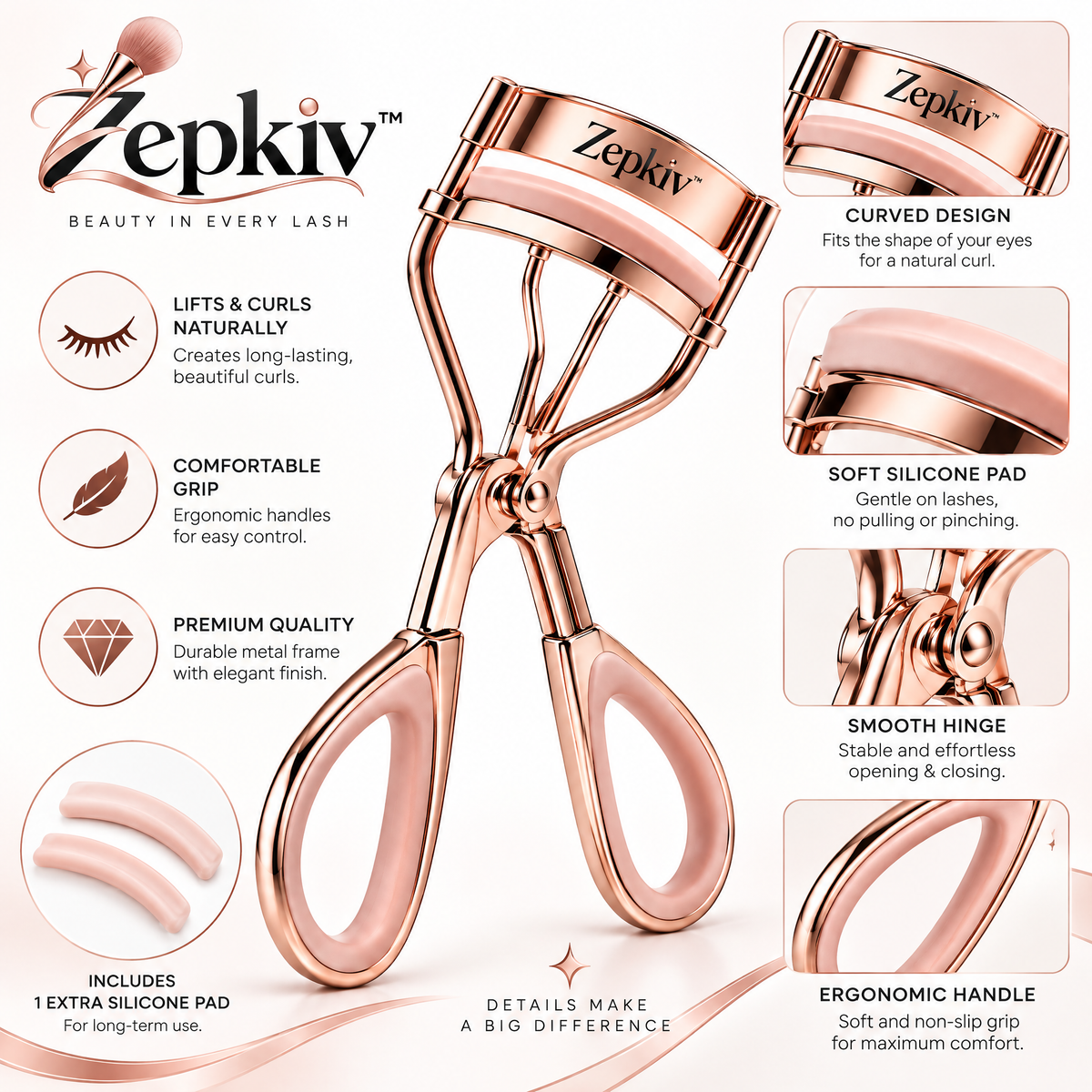 Rose Gold Classic Eyelash Curler — features
