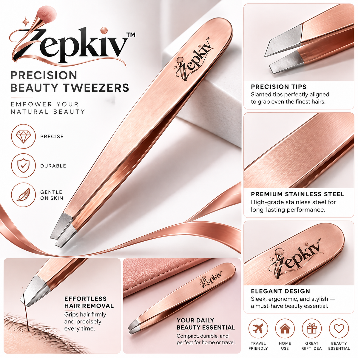 Rose Gold Slant Tip Tweezers — features