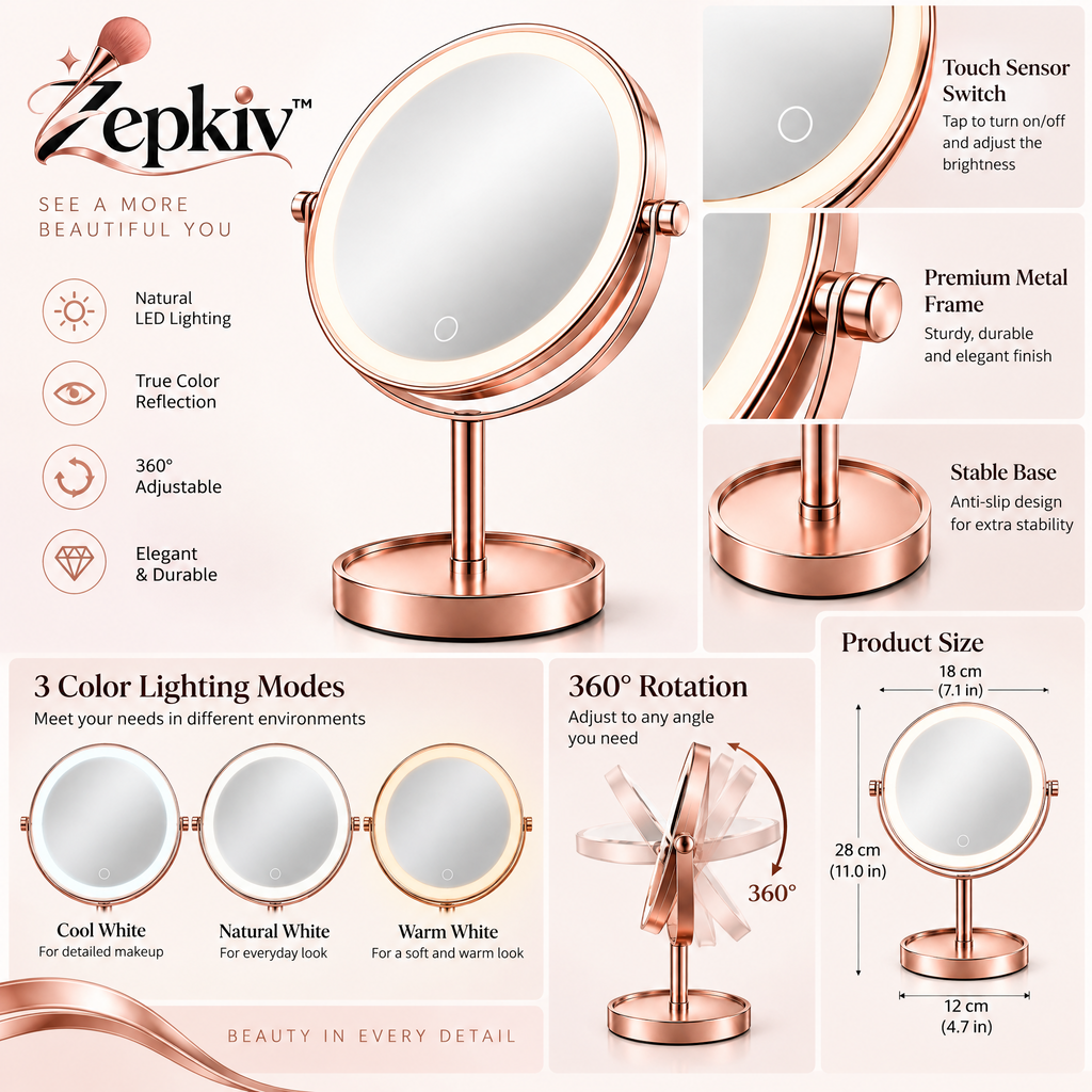 Rose Gold Round Tabletop Vanity Mirror — features