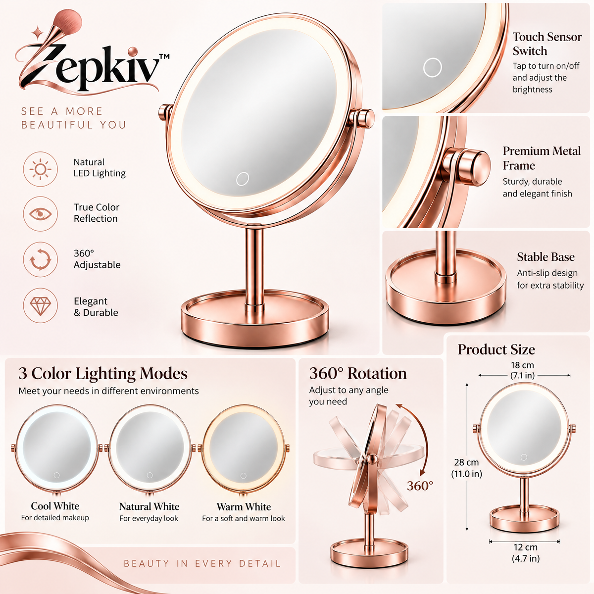 Rose Gold Round Tabletop Vanity Mirror — features