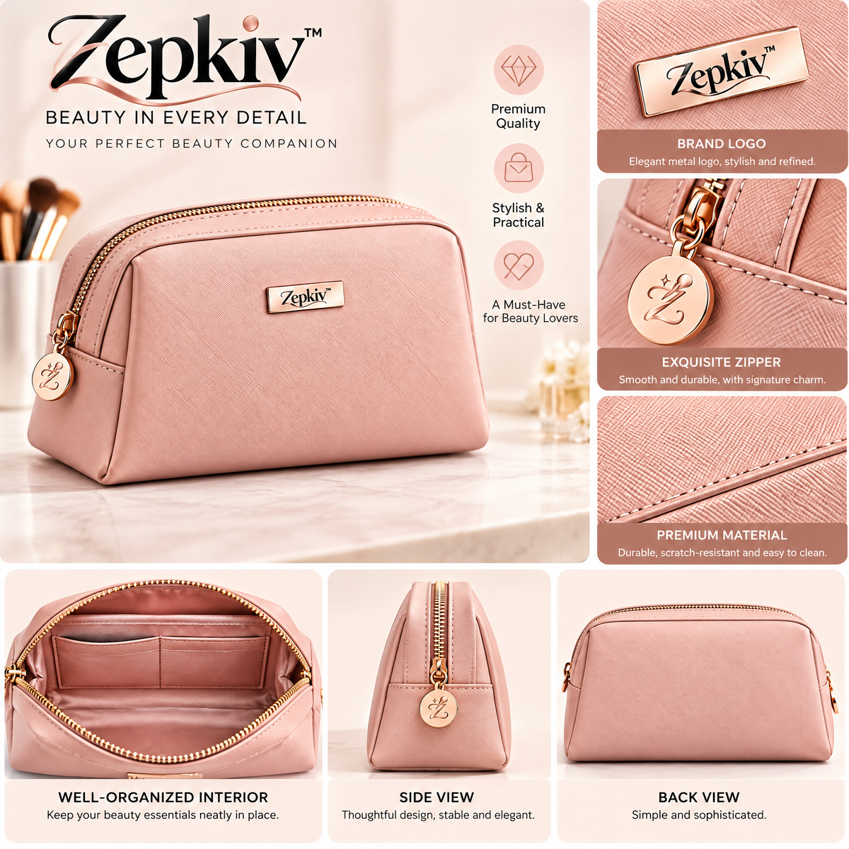 Blush Pink Zip Makeup Bag — features