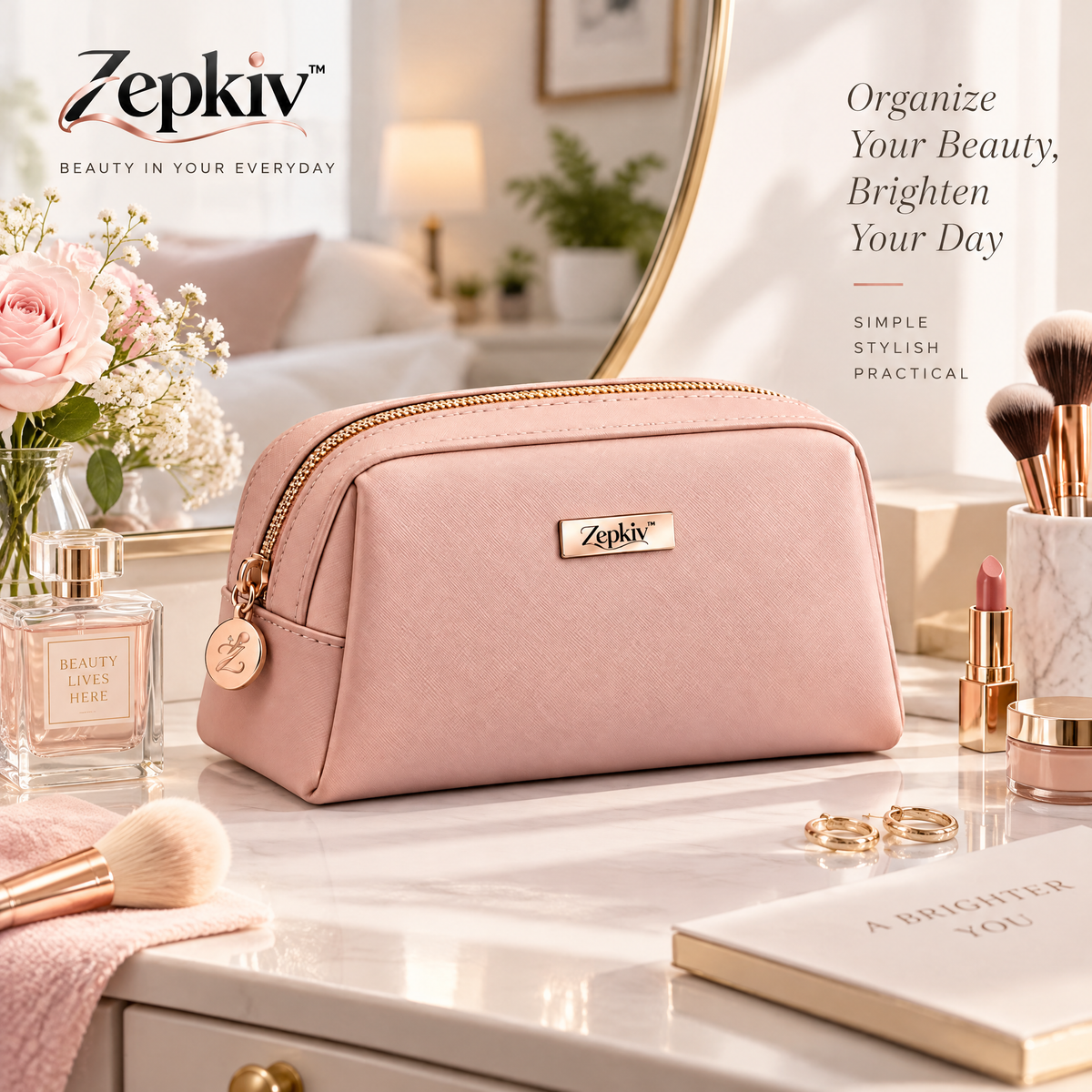 Blush Pink Zip Makeup Bag — styling inspiration