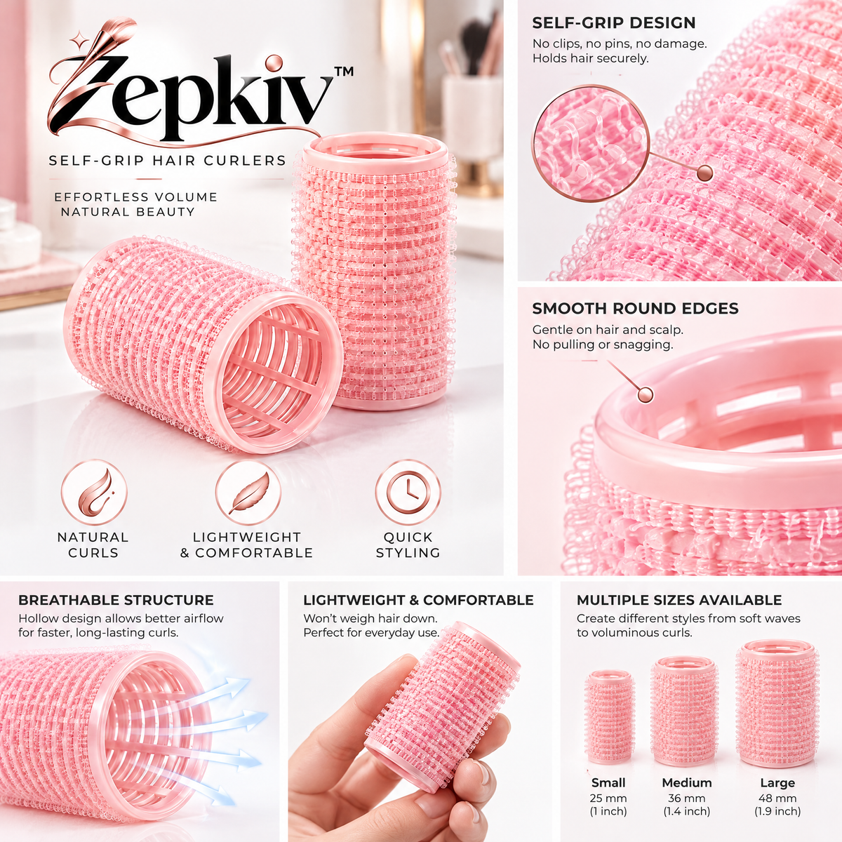 Pink Self-Grip Hair Roller Set — features